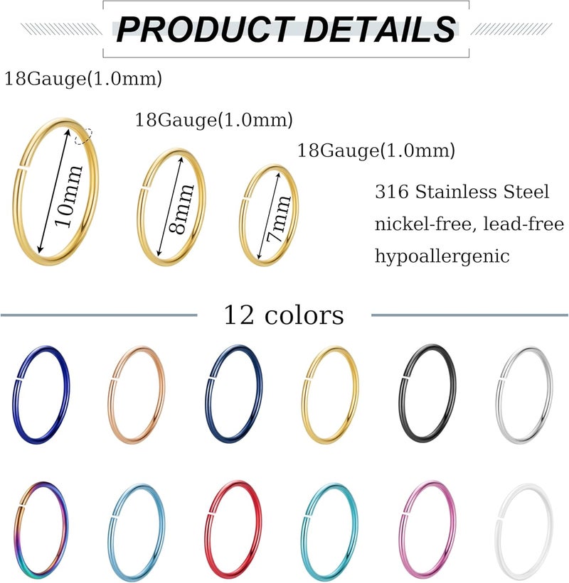 NICEIGHT 18G 20G 22G Stainless Steel Nose Rings Hoops for Women Men Cartilage Helix Earring Hoops Lip Rings Nose Piercing Jewelry - Image 3